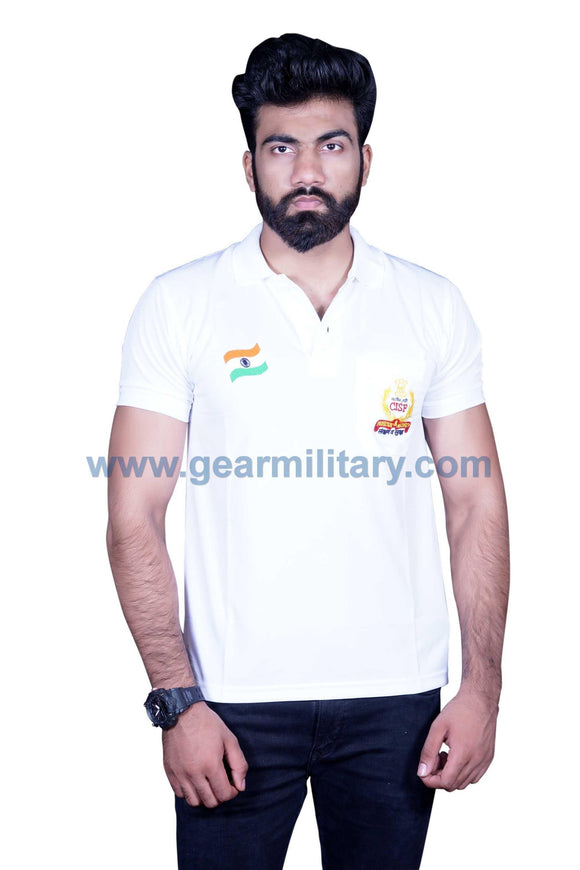 CISF and Flag Embroidered White Collar T Shirt - gearmilitary