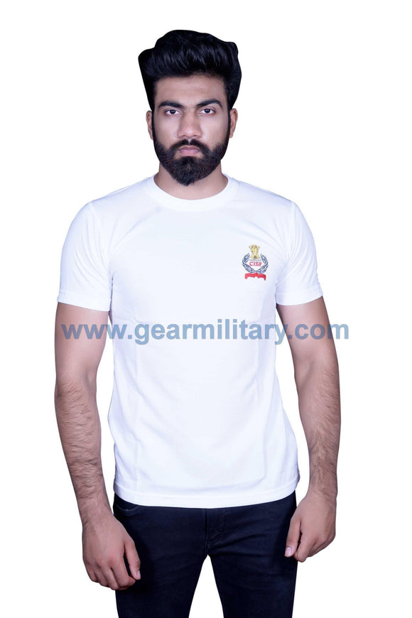 CISF Logo Embroidered White Round Neck T Shirt - gearmilitary