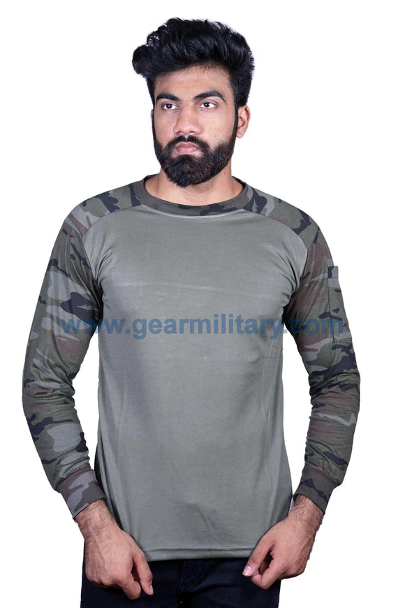Olive Green and Green Woodland Camo Full Sleeves T Shirt - gearmilitary